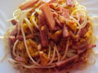   Espaguetis con carbonara de lomo